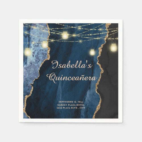 Quinceaera Navy Blue Gold Glitter String Lights Napkins