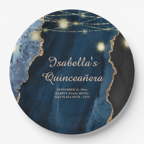 Quinceaera Navy Blue Gold Glitter String Lights  Paper Plates