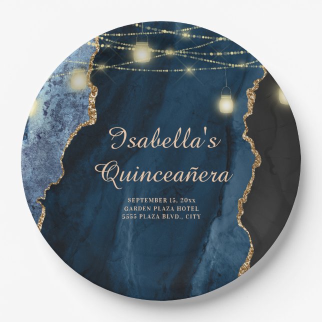 Quinceañera Navy Blue Gold Glitter String Lights  Paper Plates (Front)
