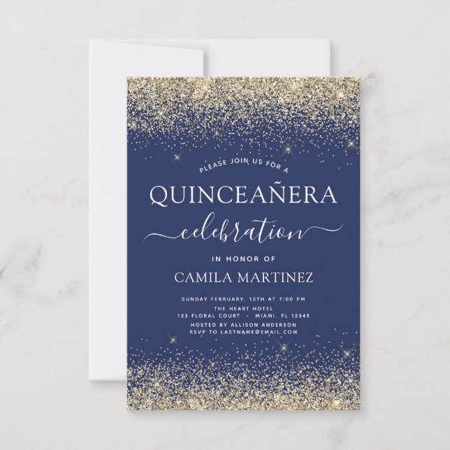 Quinceanera Navy Blue Gold Modern Glitter Sparkle Invitation (Front)