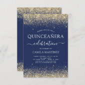 Quinceanera Navy Blue Gold Modern Glitter Sparkle Invitation (Front/Back)