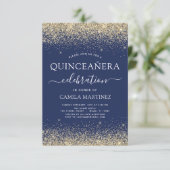 Quinceanera Navy Blue Gold Modern Glitter Sparkle Invitation (Standing Front)