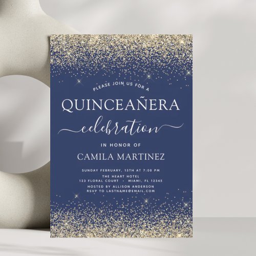 Quinceanera Navy Blue Gold Modern Glitter Sparkle Invitation