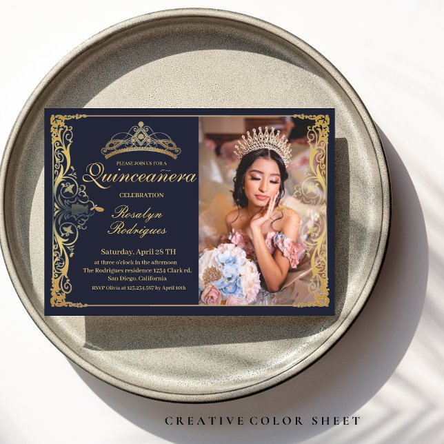 Quinceanera Navy Blue Gold Quinceanera with photo Invitation (Creator Uploaded)