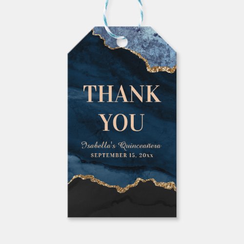 Quinceaera Navy Blue Marble Name Thank You Gift Tags