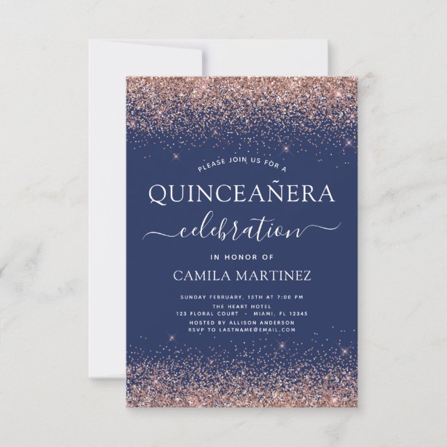 Quinceanera Navy Blue Rose Gold Blush Pink Invitation (Front)
