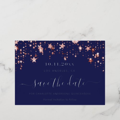 Quinceanera navy blue rose Save the Date Foil Holiday Card