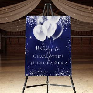 Quinceanera navy blue silver balloons welcome foam board