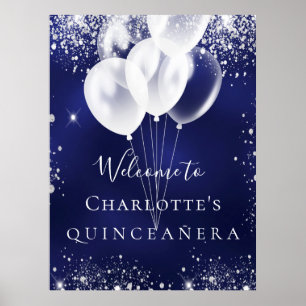 Quinceanera navy blue silver balloons welcome poster