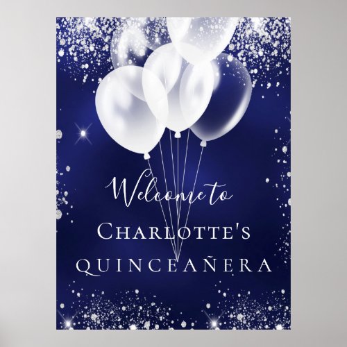 Quinceanera navy blue silver balloons welcome poster