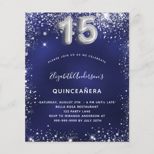 Quinceanera navy blue silver budget invitation flyer