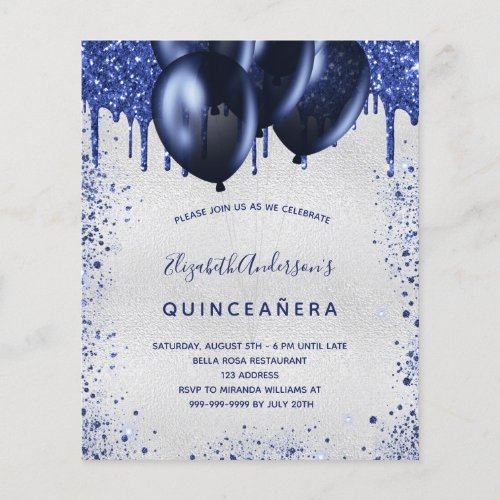 Quinceanera navy blue silver budget invitation flyer