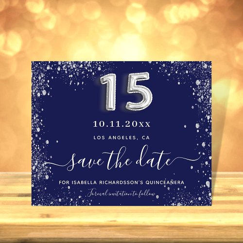 Quinceanera navy blue silver budget save the date flyer