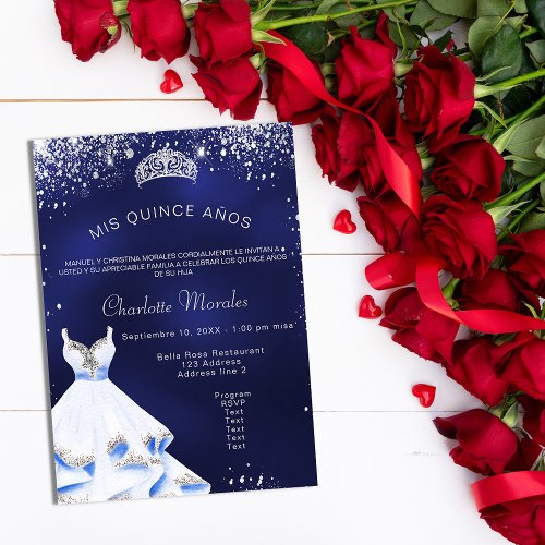 Quinceanera navy blue silver dress tiara invitation postcard