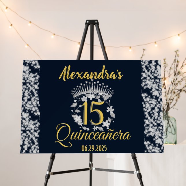Quinceanera Navy Blue & Silver Elegant Boho  Foam Board (In Situ (Stand))