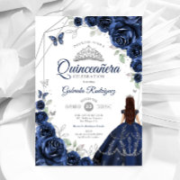 Quinceanera Navy Blue Silver Floral Dress