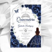 Quinceanera Navy Blue Silver Floral Dress