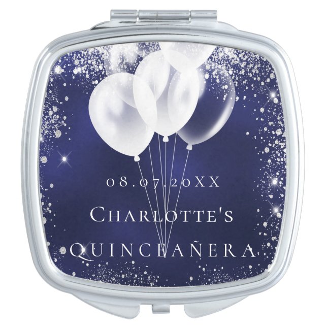 Quinceanera navy blue silver glitter balloons compact mirror (Front)