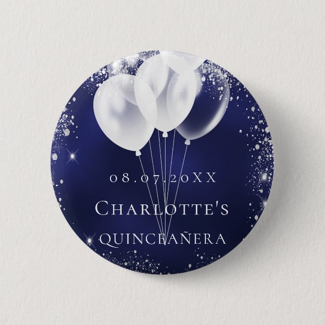 Quinceanera navy blue silver glitter balloons name button (Front)