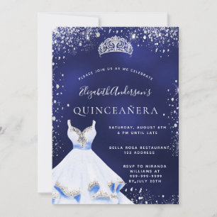 Quinceanera navy blue silver glitter dress tiara invitation
