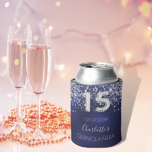 Quinceanera navy blue silver glitter dust name can cooler