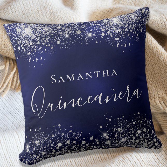 Quinceanera navy blue silver glitter dust name throw pillow (Creator Uploaded)