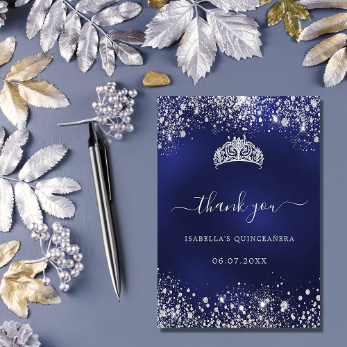 Quinceanera navy blue silver glitter tiara thank you card