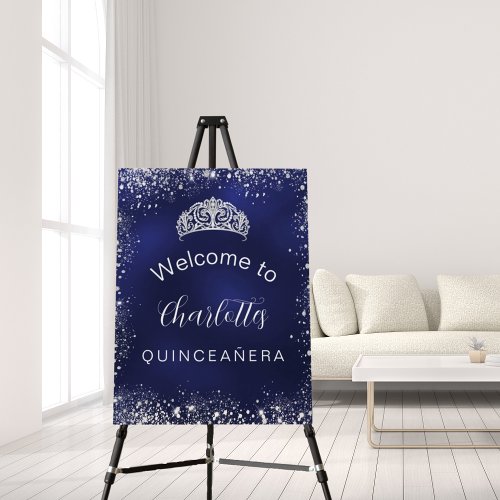 Quinceanera navy blue silver glitter welcome foam board