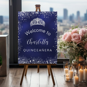 Quinceanera navy blue silver glitter welcome foam board