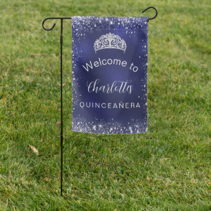 Quinceanera navy blue silver glitter welcome garden flag