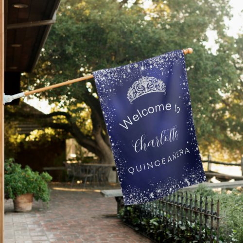 Quinceanera navy blue silver glitter welcome house flag