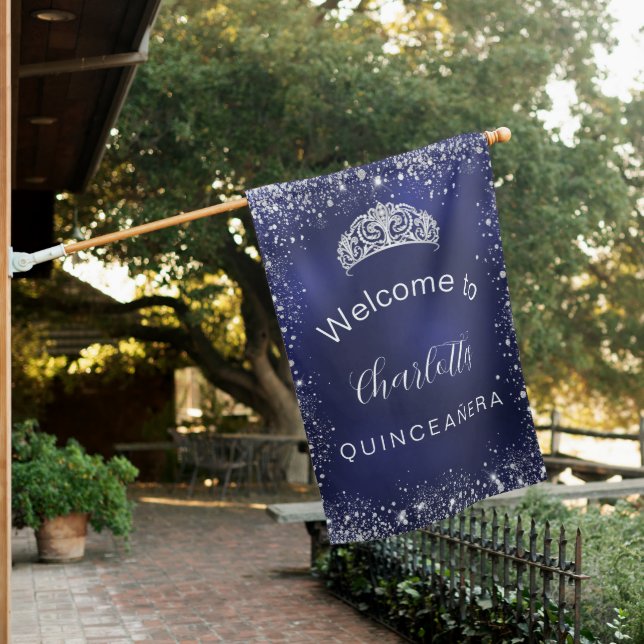 Quinceanera navy blue silver glitter welcome house flag (In SItu)