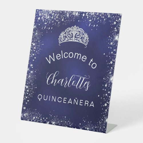 Quinceanera navy blue silver glitter welcome pedestal sign