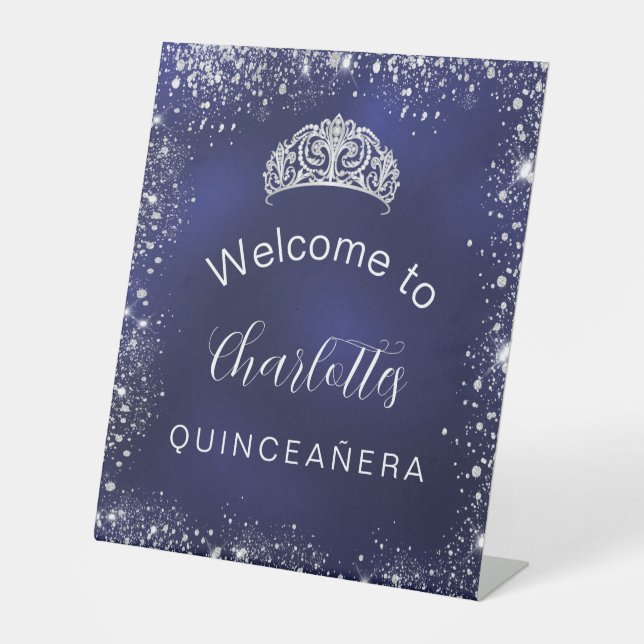 Quinceanera navy blue silver glitter welcome pedestal sign (Front)
