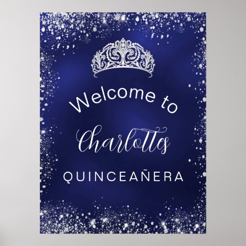 Quinceanera navy blue silver glitter welcome poster