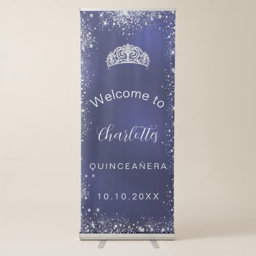 Quinceanera navy blue silver glitter welcome retractable banner