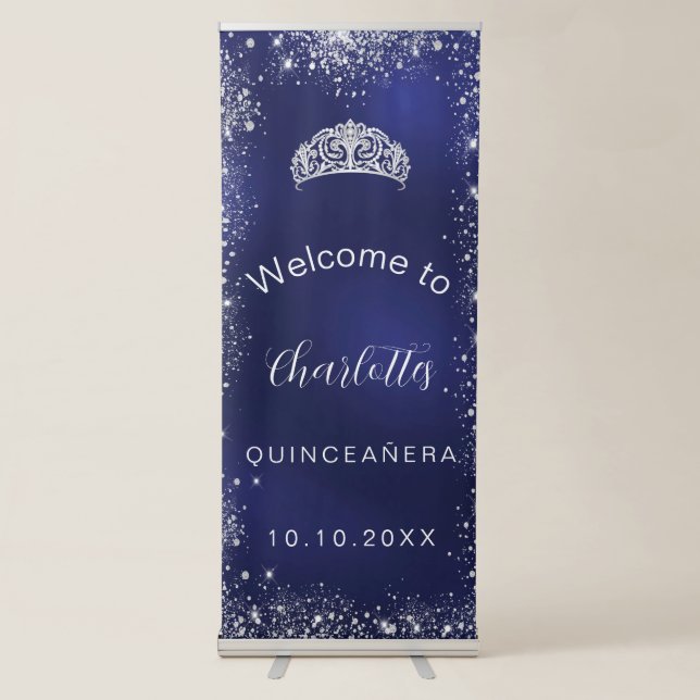 Quinceanera navy blue silver glitter welcome retractable banner (Front)