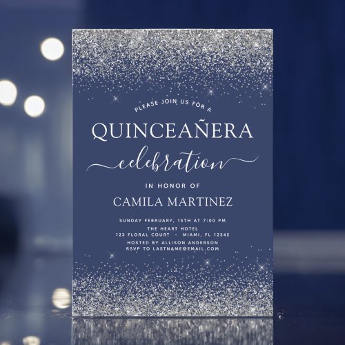 Quinceanera Navy Blue Silver Modern Glitter Invitation