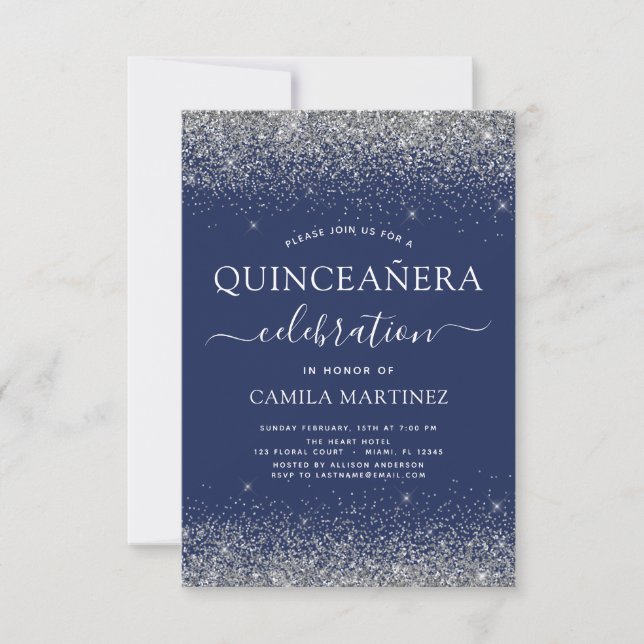 Quinceanera Navy Blue Silver Modern Glitter Invitation (Front)