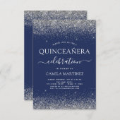 Quinceanera Navy Blue Silver Modern Glitter Invitation (Front/Back)