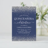 Quinceanera Navy Blue Silver Modern Glitter Invitation (Standing Front)