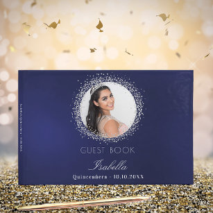 Quinceanera navy blue silver photo glamorous guest book