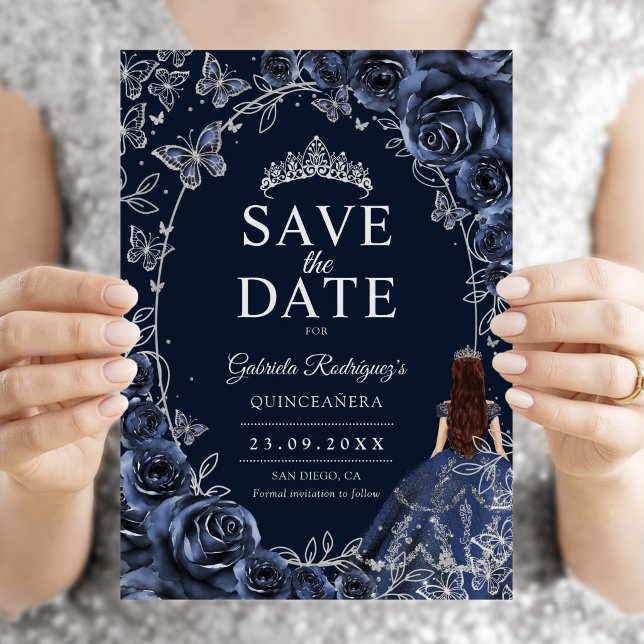 Quinceanera Navy Blue Silver Save The Date (Creator Uploaded)