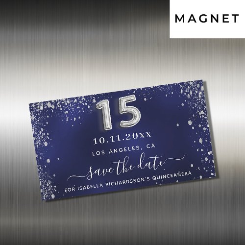 Quinceanera navy blue silver save the date magnet