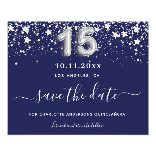 Quinceanera navy blue silver star save date budget flyer (Front)