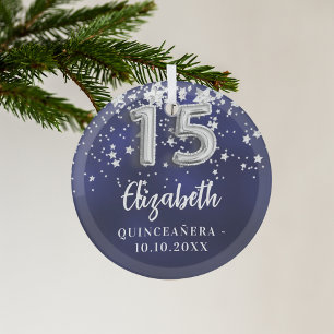 Quinceanera navy blue silver stars glass ornament
