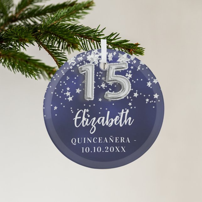 Quinceanera navy blue silver stars glass ornament (Creator Uploaded)