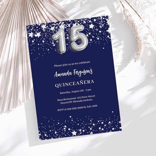 Quinceanera navy blue silver stars invitation