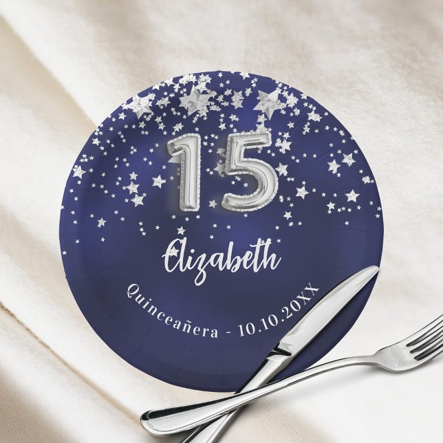 Quinceanera navy blue silver stars paper plates (Creator Uploaded)