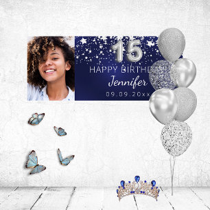 Quinceanera navy blue silver stars photo party banner
